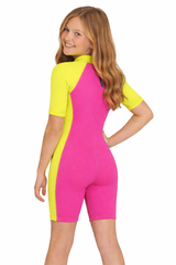Girls Junior One Piece Sunsuit UV Protection Swimsuit UPF50+ Pink Yellow With Lining (Chlorine Resistant) - Back