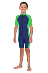 Boys One Piece Sunsuit Short Sleeves UV Protection Swimwear UPF50+ Navy Lime (Chlorine Resistant)