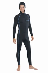 Men Stinger Suit Dive Skin Builtin Hood UV Protection Swimwear Black Blue Stitch (Chlorine Resistant)