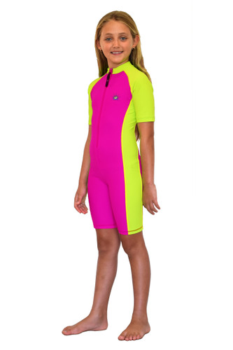 Girls Junior One Piece Sunsuit UV Protection Swimsuit UPF50+ Pink Yellow With Lining (Chlorine Resistant)