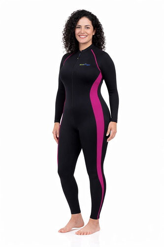 Women Full Body Stinger Suit UV Protective Swimsuit UPF50+ Black Fuchsia (Chlorine Resistant) - side way