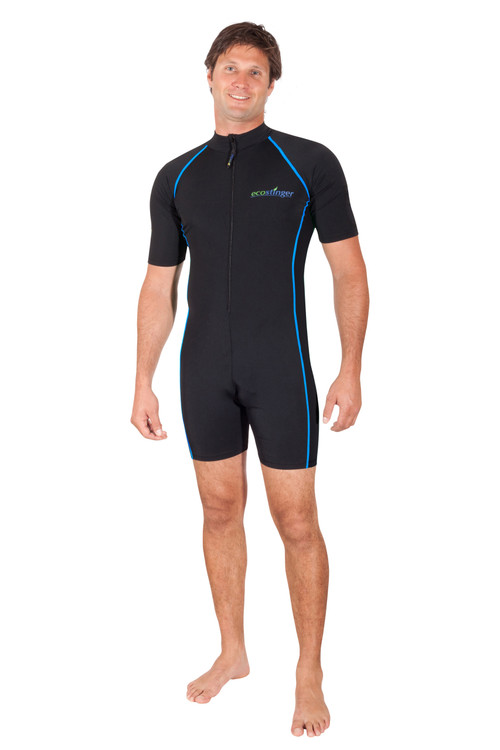 Men Sunsuit Short Sleeves UV Protection Swimwear UPF50+ Black Blue Stitch (Chlorine Resistant)