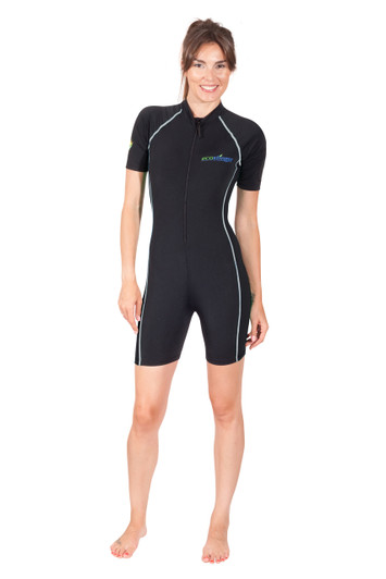 Women Sunsuit Short Sleeves UV Protective Swimwear UPF50+ Black Silver Stitch (Chlorine Resistant)