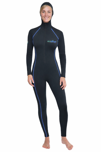 Women Full Body Coverup UV Protection Swimsuit With Hood UPF50+ Black Blue Stitch (Chlorine Resistant)