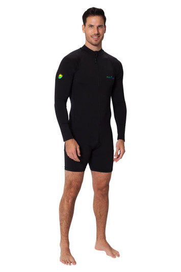Men Sunsuit Long Sleeves UV Protection Swimwear UPF50+ Black (Chlorine Resistant) 