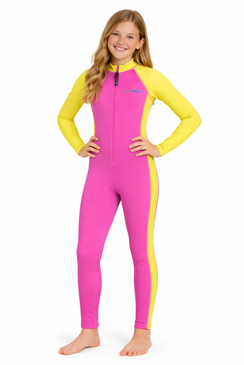 Girls Junior Full Body Swimsuit Stinger Suit UV Protection UPF50+ Pink Yellow With Lining (Chlorine Resistant)