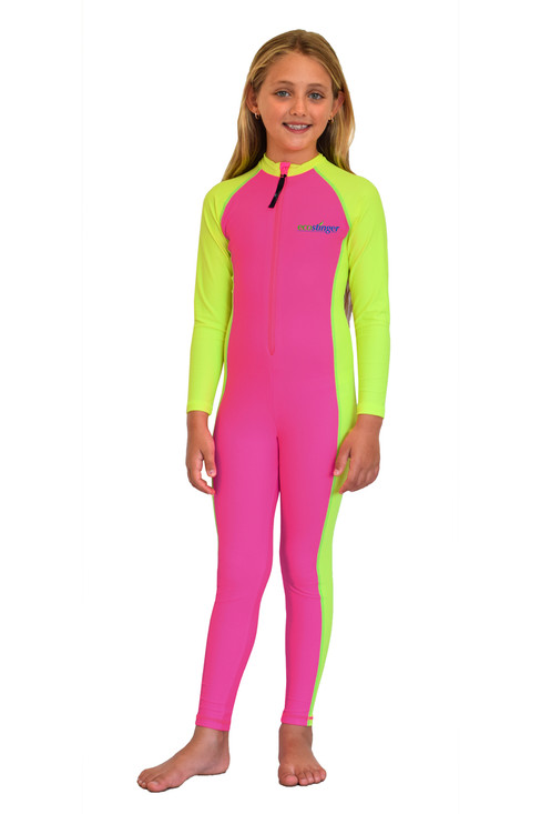 Girls Full Body Swimsuit Stinger Suit UV Protection UPF50+ Pink Yellow With Lining (Chlorine Resistant)