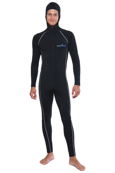 Men UV Protection Stinger Swimsuit With Hood Dive Skin UPF50+ Black Silver  Stitch (Chlorine Resistant) - EcoStinger