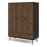 Winslow Rustic Matt Black Walnut Wardrobe with 3 Doors & 3 Drawers