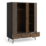 Winslow Rustic Matt Black Walnut Wardrobe with 3 Doors & 3 Drawers