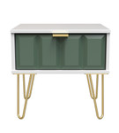 Cube Labrador Green and White 1 Drawer Bedside Cabinet with Gold Hairpin Legs Welcome Furniture
