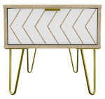 Hong Kong Jigsaw White Bardolino 1 Drawer Bedside Cabinet with Gold Hairpin Legs Welcome Furniture