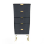 Linear Indigo and White 5 Drawer Bedside Cabinet with Gold Hairpin Legs