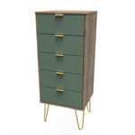 Linear Labrador Green and Vintage Oak 5 Drawer Bedside Cabinet with Gold Hairpin Legs