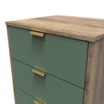 Linear Labrador Green and Vintage Oak 5 Drawer Bedside Cabinet with Gold Hairpin Legs