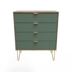 Linear Labrador Green and Vintage Oak 4 Drawer Chest with Gold Hairpin Legs