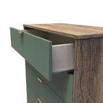 Linear Labrador Green and Vintage Oak 5 Drawer Chest with Gold Hairpin Legs