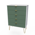 Linear Labrador Green and White 5 Drawer Chest with Gold Hairpin Legs