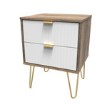 Linear White and Vintage Oak 2 Drawer Bedside Cabinet with Hairpin Legs