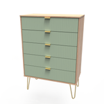 Linear Reed Green and Bardolino 5 Drawer Chest with Gold Hairpin Legs