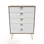 Linear White and Vintage Oak 5 Drawer Chest with Gold Hairpin Legs