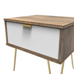 Linear White and Vintage Oak 1 Drawer Bedside Cabinet with Gold Hairpin Legs