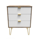 Linear White and Vintage Oak 3 Drawer Midi Chest with Gold Hairpin Legs