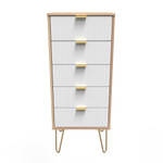 Linear White and Bardolino Oak 5 Drawer Bedside Cabinet with Gold Hairpin Legs