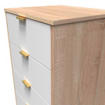 Linear White and Bardolino Oak 5 Drawer Bedside Cabinet with Gold Hairpin Legs