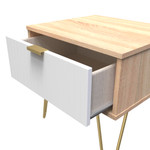 Linear White and Bardolino Oak 1 Drawer Bedside Cabinet with Gold Hairpin Legs