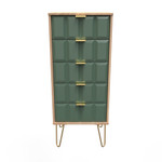 Cube Labrador Green and Bardolino Oak 5 Drawer Bedside Cabinet with Gold Hairpin Legs