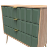 Cube Labrador Green and Bardolino Oak 3 Drawer Chest with Gold Hairpin Legs