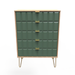 Cube Labrador Green and Bardolino Oak 5 Drawer Chest with Gold Hairpin Legs