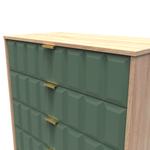 Cube Labrador Green and Bardolino Oak 5 Drawer Chest with Gold Hairpin Legs