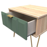 Cube Labrador Green and Bardolino Oak 1 Drawer Bedside Cabinet with Gold Hairpin Legs