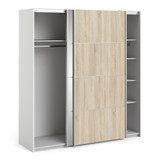 Verona 180cm Sliding Mirror Wardrobe with 5 Shelves in Mixed Oak Effect & White