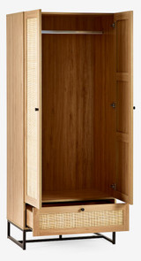 Padstow 1 Drawer 2 Door Oak & Rattan Wardrobe