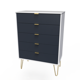 Linear Indigo and White 5 Drawer Chest with Gold Hairpin Legs
