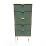 Linear Labrador Green and Bardolino 5 Drawer Bedside Cabinet with Gold Hairpin Legs