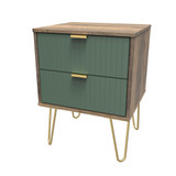 Linear Labrador Green and Vintage Oak 2 Drawer Bedside Cabinet with Hairpin Legs