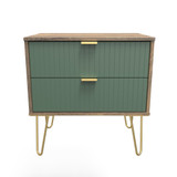 Linear Labrador Green and Vintage Oak 2 Drawer Midi Chest with Gold Hairpin Legs