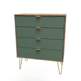 Linear Labrador Green and Vintage Oak 4 Drawer Chest with Gold Hairpin Legs