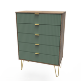 Linear Labrador Green and Vintage Oak 5 Drawer Chest with Gold Hairpin Legs