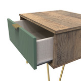 Linear Labrador Green and Vintage Oak 1 Drawer Bedside Cabinet with Gold Hairpin Legs