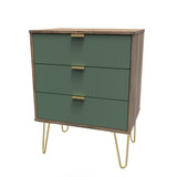 Linear Labrador Green and Vintage Oak 3 Drawer Midi Chest with Gold Hairpin Legs