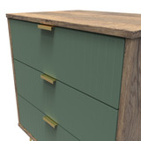Linear Labrador Green and Vintage Oak 3 Drawer Midi Chest with Gold Hairpin Legs