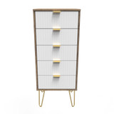 Linear White and Vintage Oak 5 Drawer Bedside Cabinet with Gold Hairpin Legs