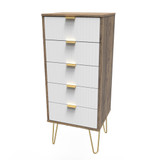 Linear White and Vintage Oak 5 Drawer Bedside Cabinet with Gold Hairpin Legs