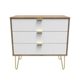 Linear White and Vintage Oak 3 Drawer Chest with Gold Hairpin Legs