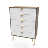 Linear White and Vintage Oak 5 Drawer Chest with Gold Hairpin Legs